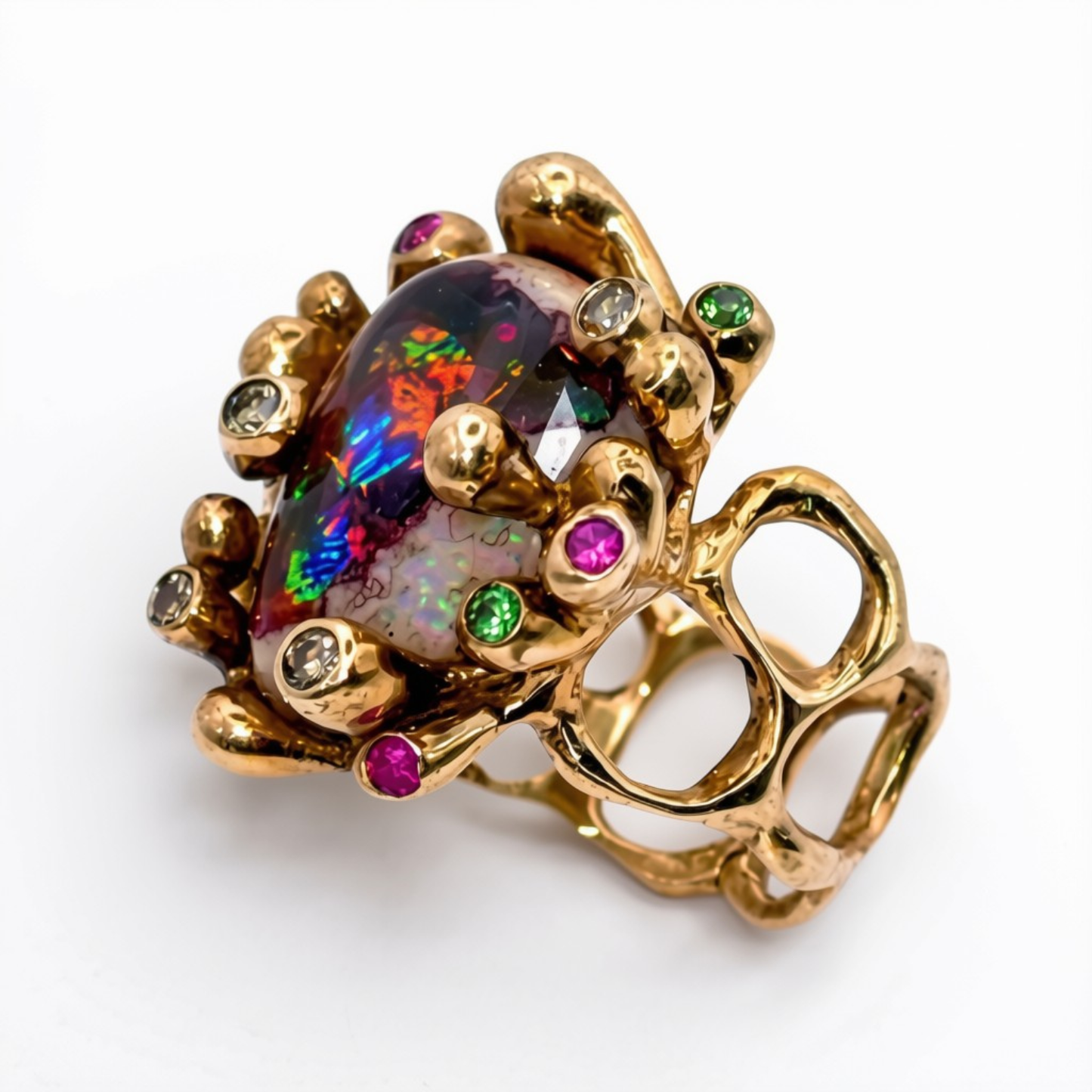 Alternate view of Mexican Galaxy Opal and Mixed Stones Bronze Ring — A vibrant Mexican Galaxy opal is set in solid cast