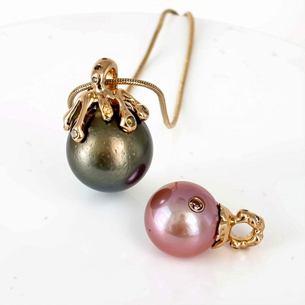 Tahitian Pearl Pendand with Brown Diamonds Accents in 14K Gold