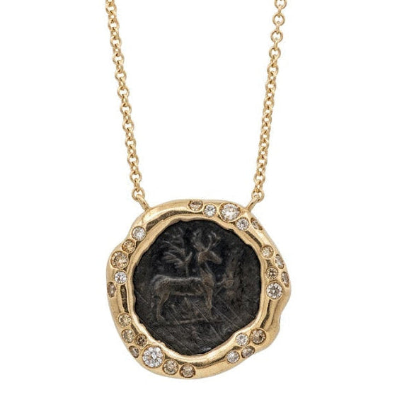 Greek "Bee and Stag" Coin Gold Necklace with Cognac Diamonds