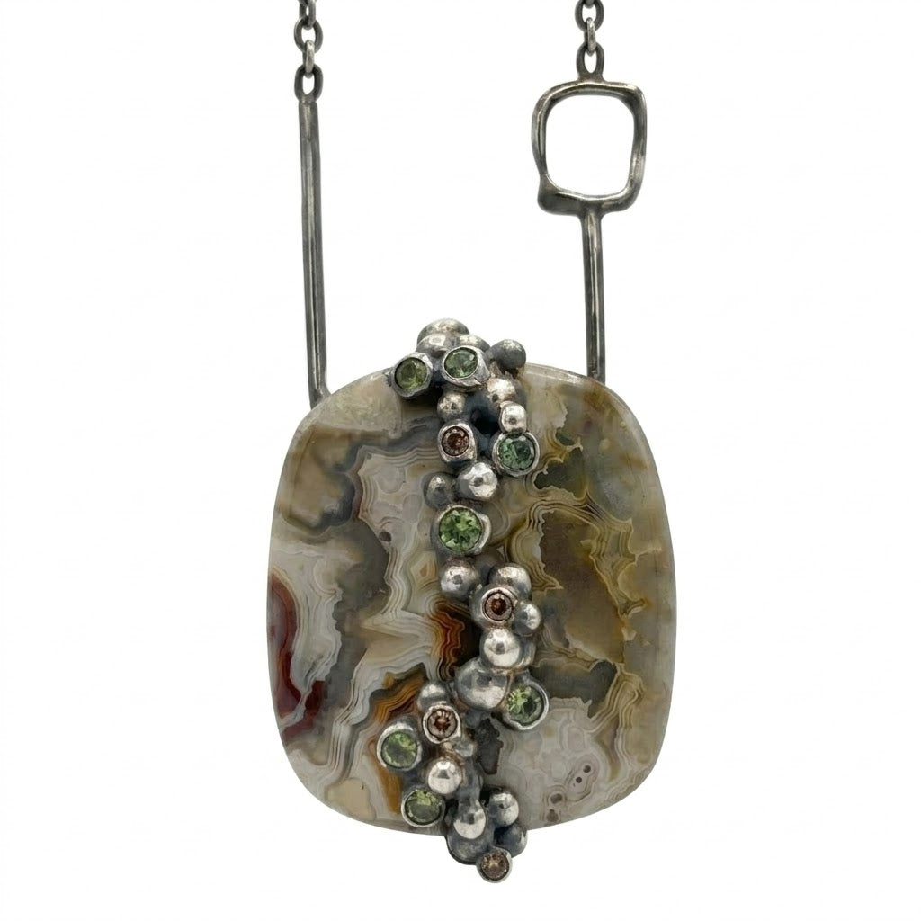Crazy Lace Agate, Sapphire & Diamond Pendant