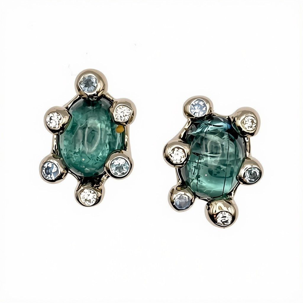 Green-blue Tourmaline, Aquamarines & Diamonds White Gold Stud Earrings