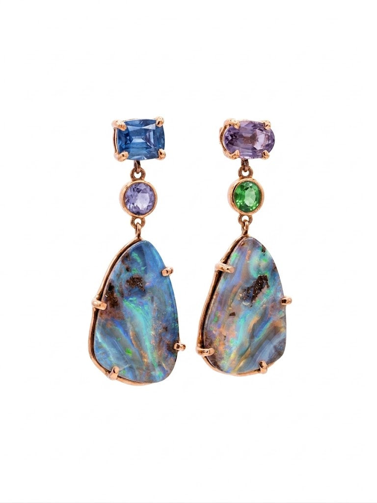 Boulder Opal & Sapphire Rose Gold Earrings