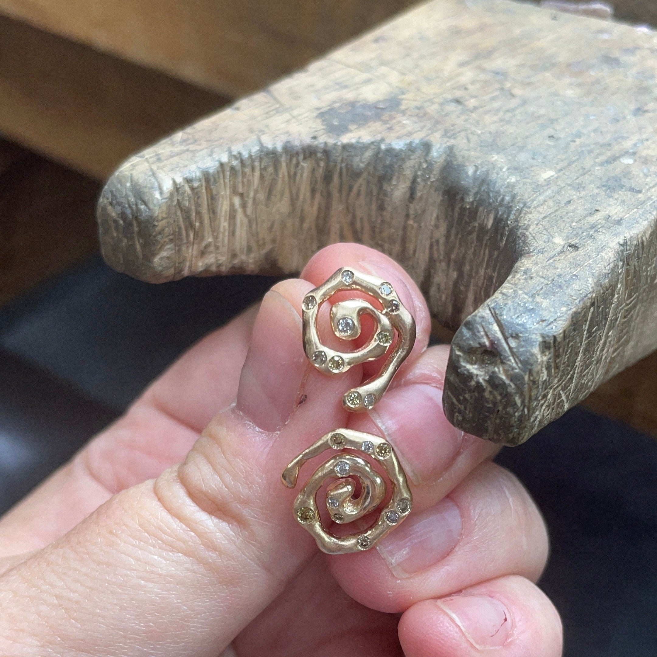 Gold Swirl Mismatched Stud Earrings with Cognac Diamonds