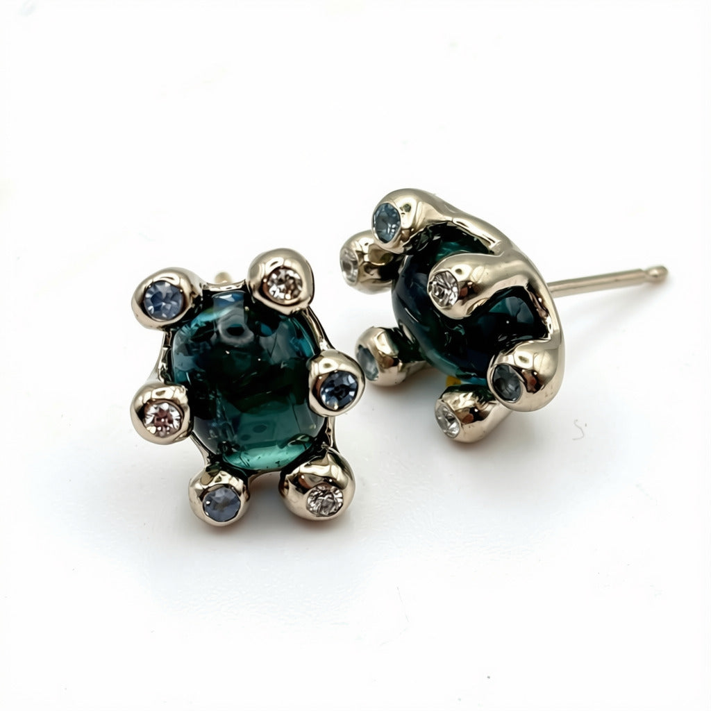 Green-blue Tourmaline, Aquamarines & Diamonds White Gold Stud Earrings