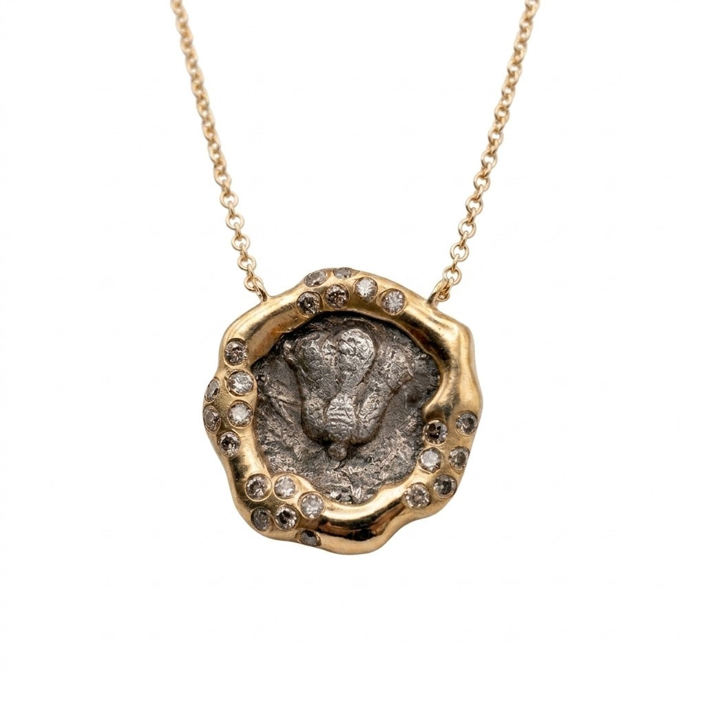Ancient Greek Silver "Rose" Coin Gold Necklace with Salt and Pepper Diamonds
