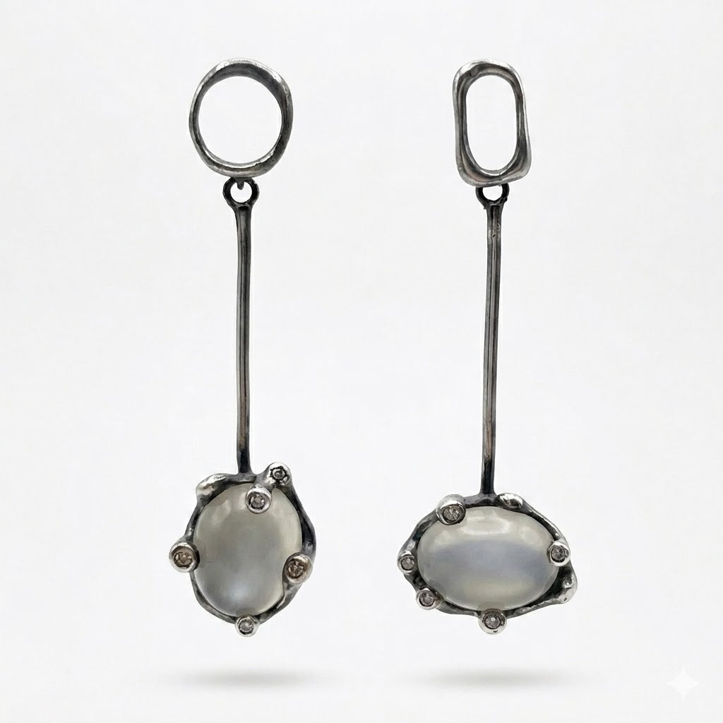 Moonstone & Brown Diamond Dangle Silver Earrings