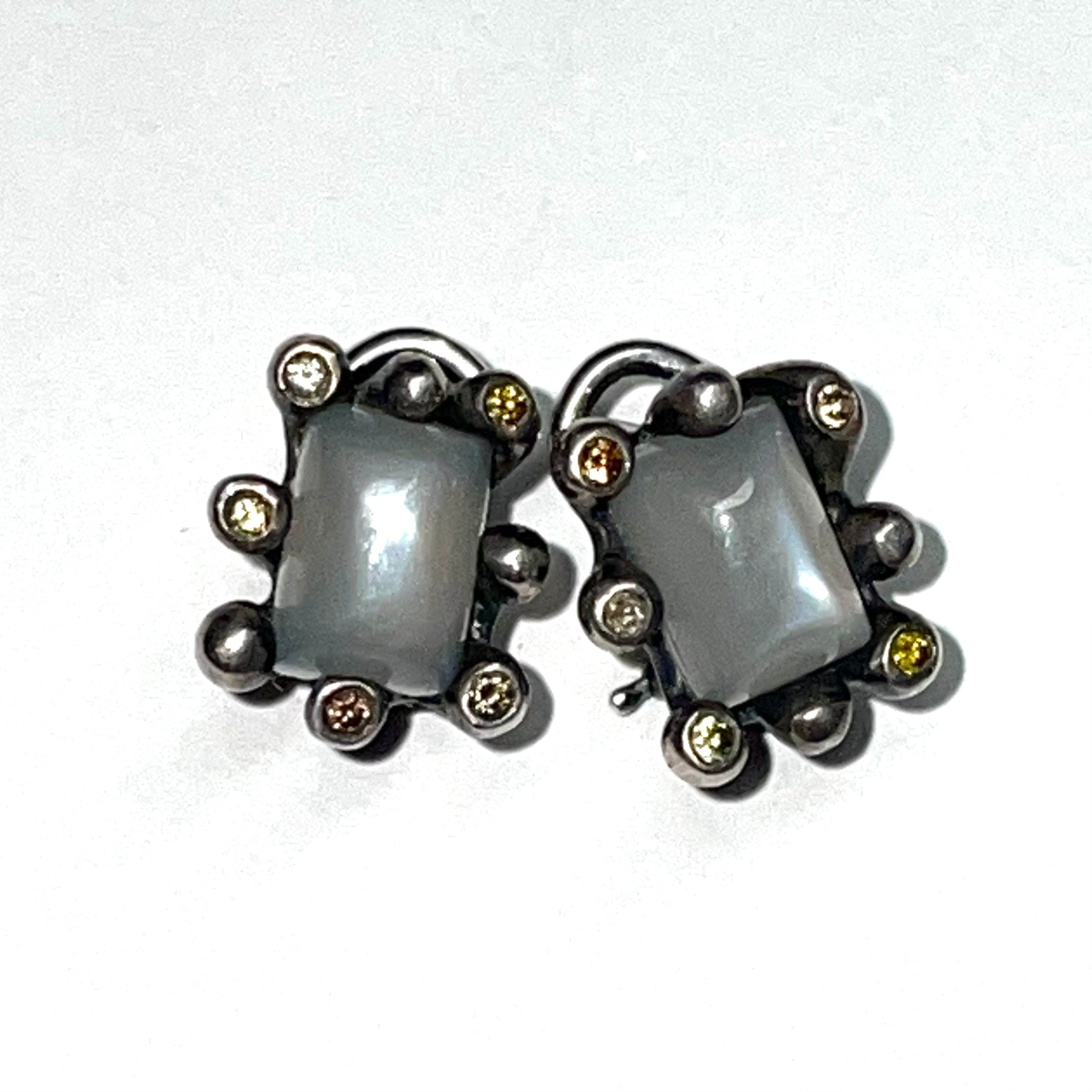 Grey Moonstone and Diamonds Silver Earrings