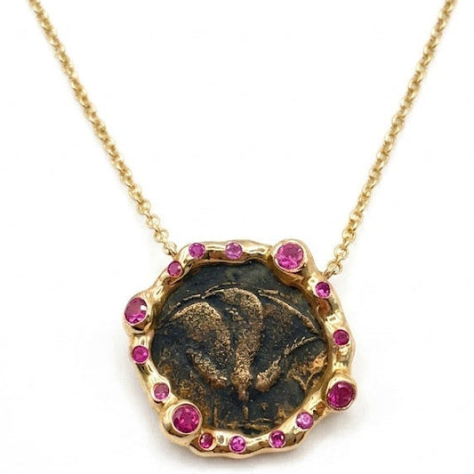 Ancient Greek Bronze "Rose" Coin Gold Necklace with Vivid Pink Sapphires