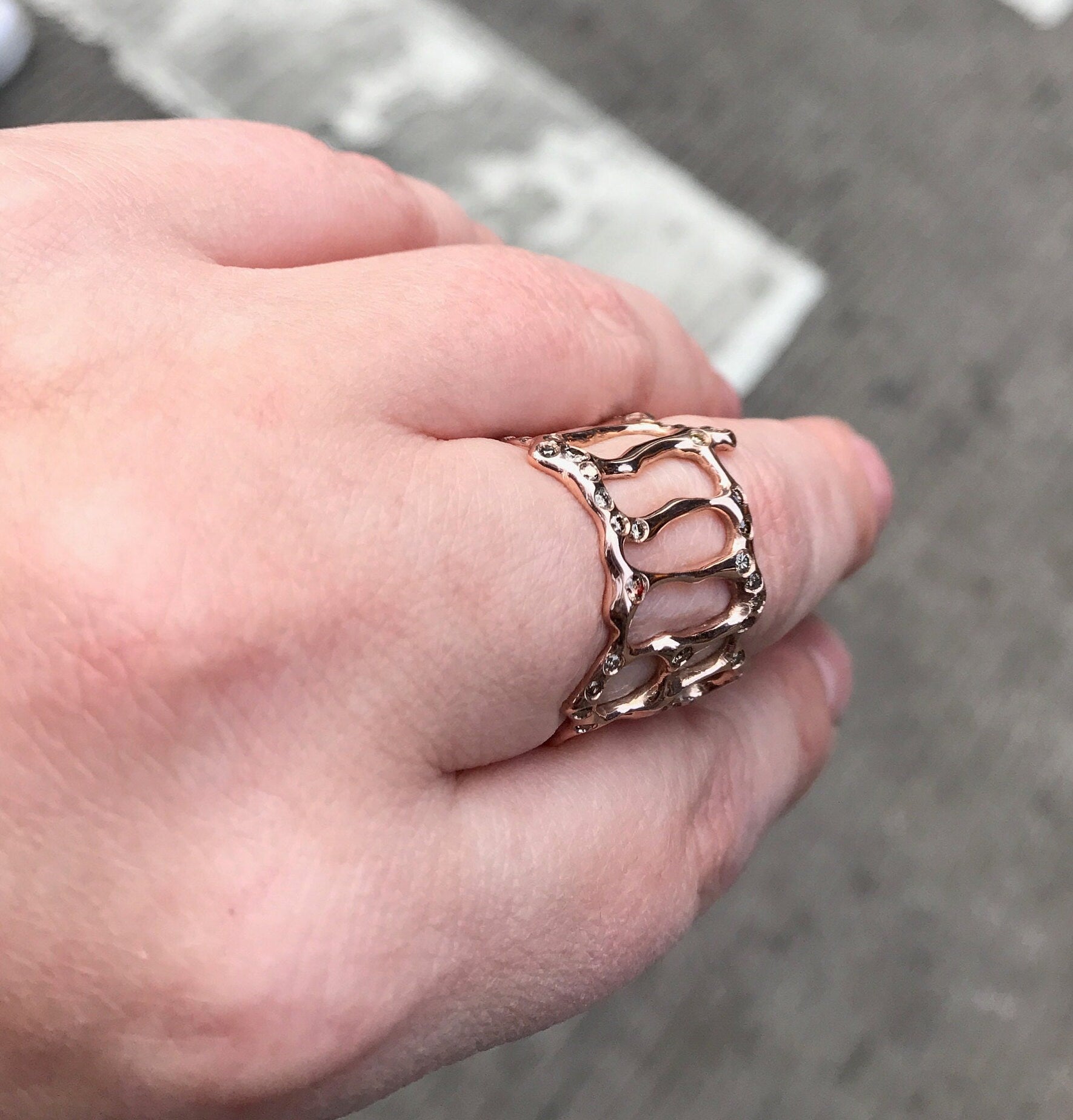 Rose gold and champagne diamonds "molten" ring