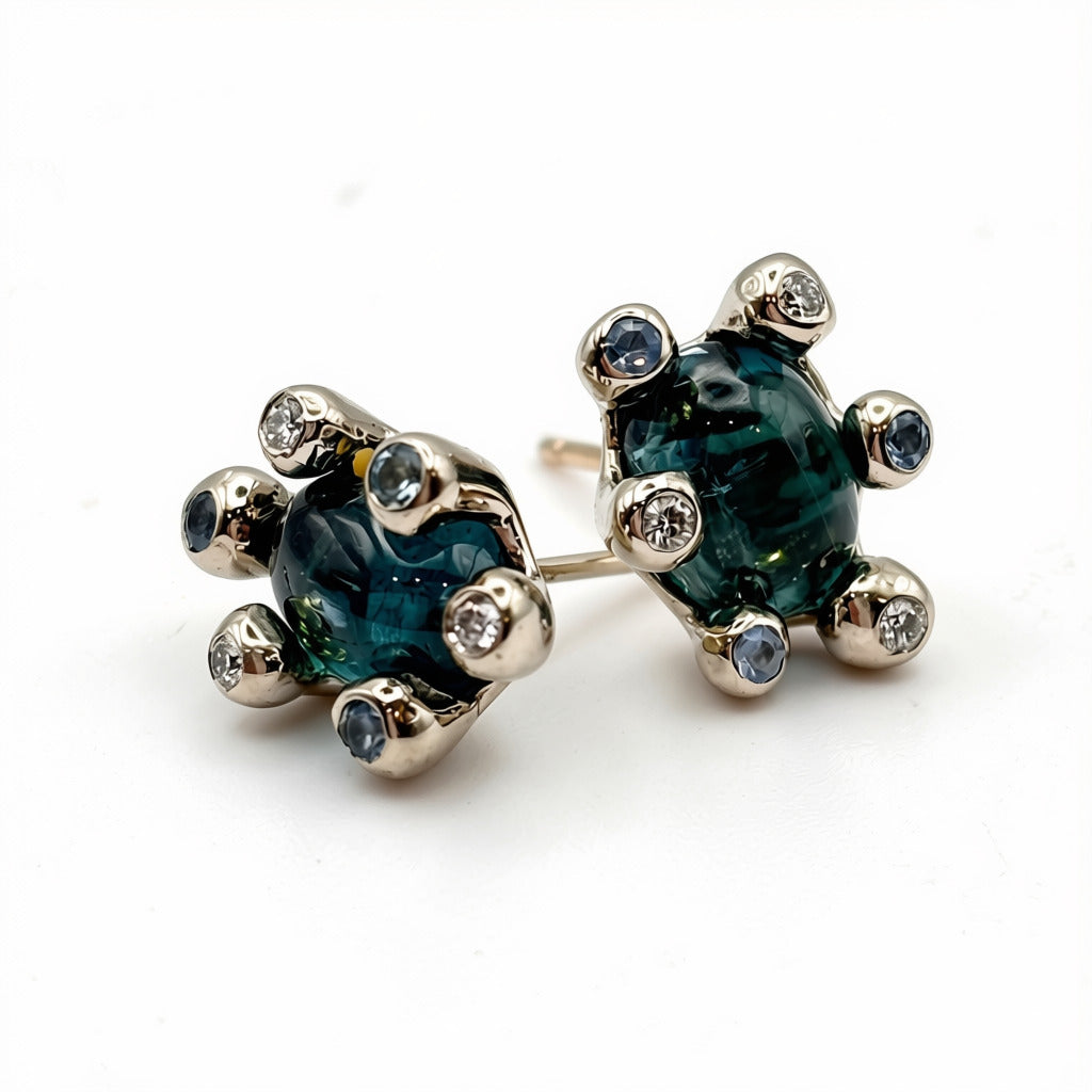 Green-blue Tourmaline, Aquamarines & Diamonds White Gold Stud Earrings