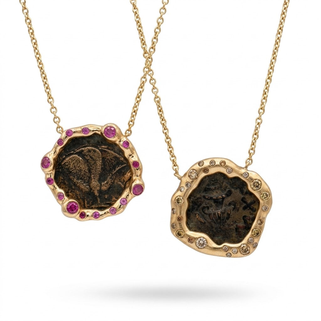 Ancient Greek Bronze "Rose" Coin Gold Necklace with Vivid Pink Sapphires
