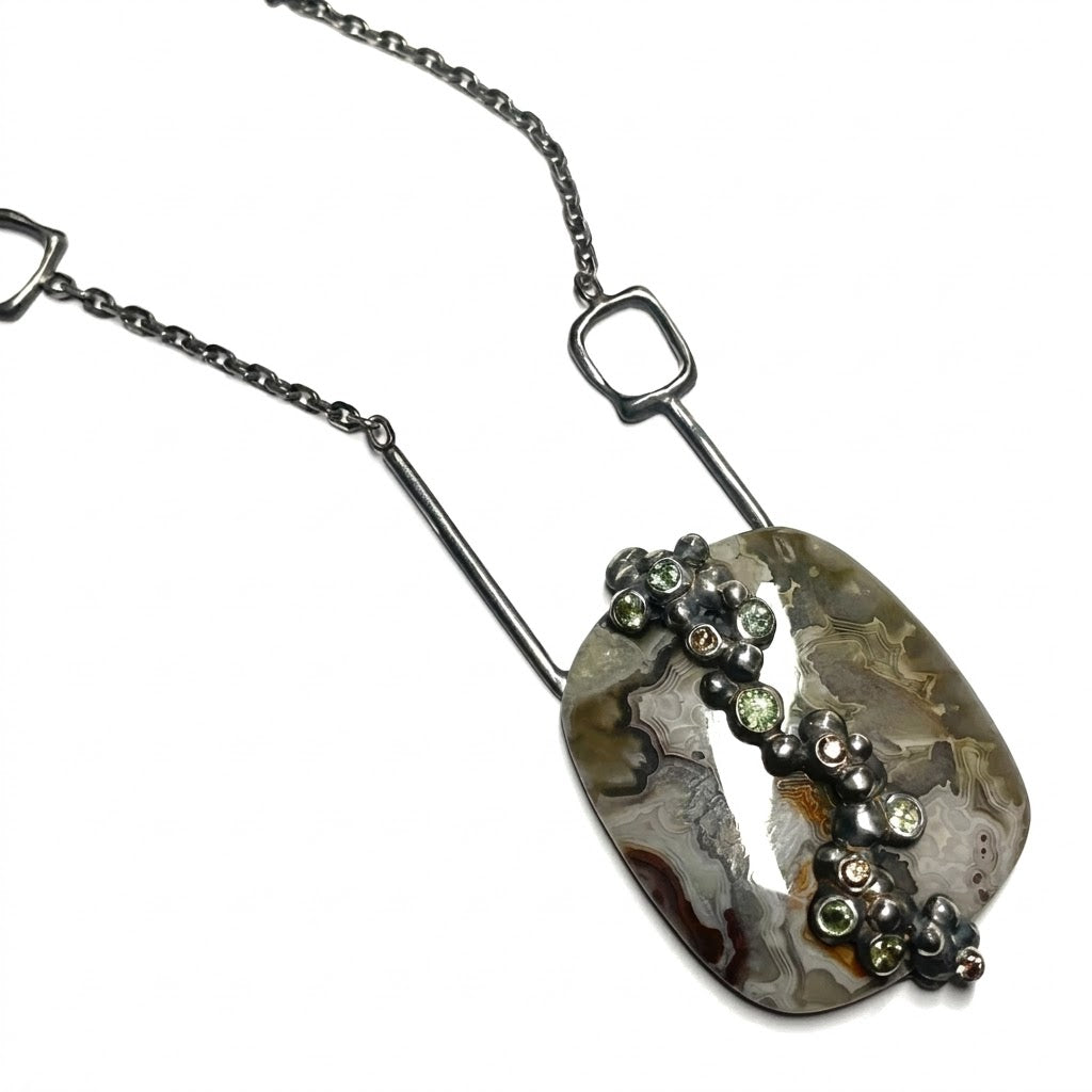 Crazy Lace Agate, Sapphire & Diamond Pendant
