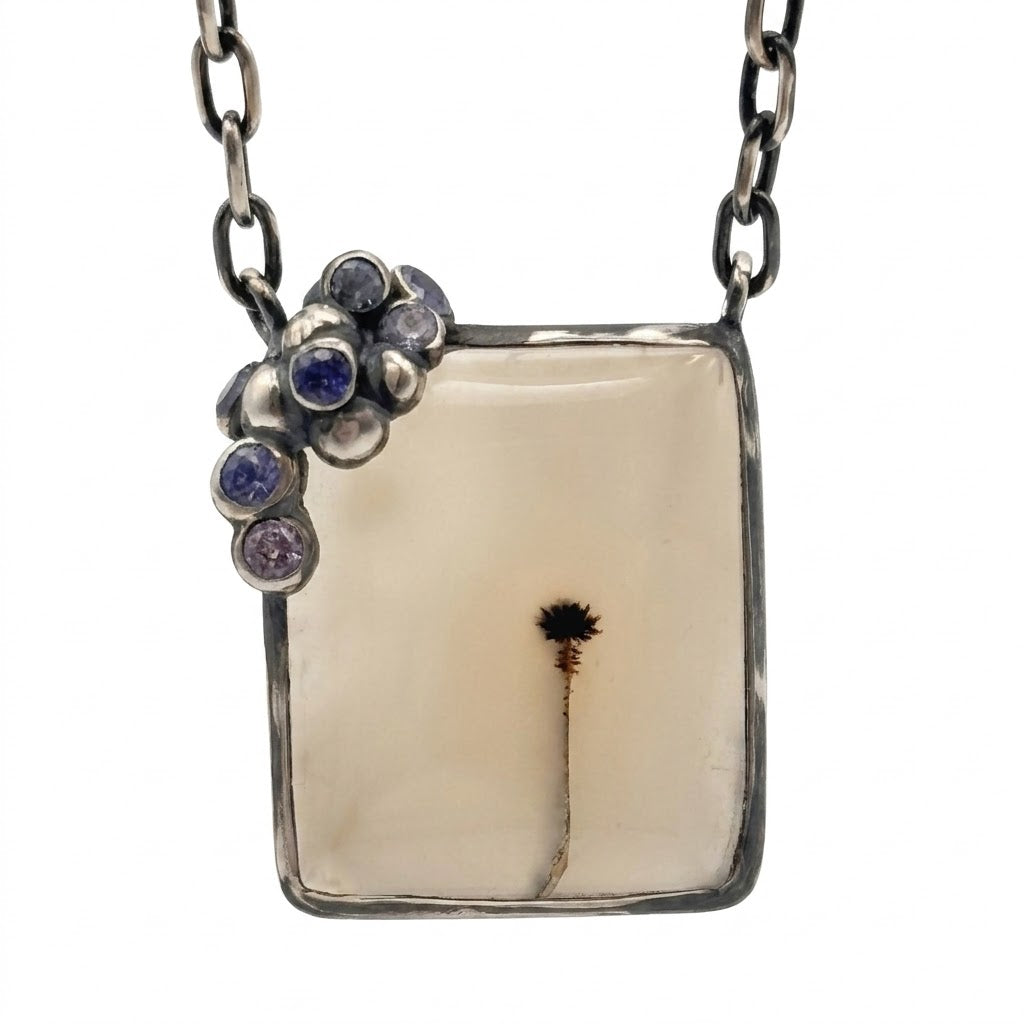 Dendric Agate & Sapphire Silver Pendant