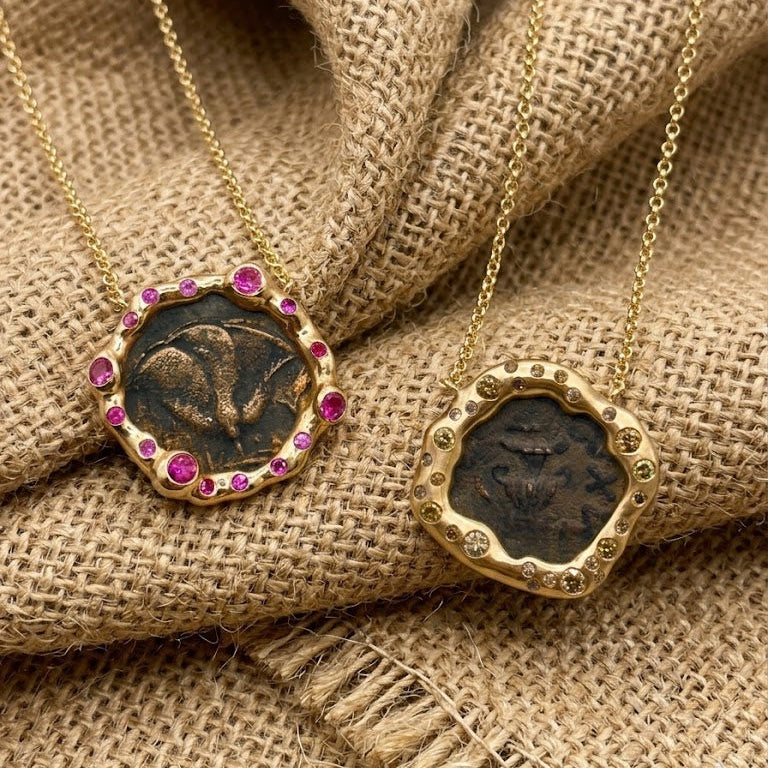 Ancient Judaea Coin Gold Necklace with Cognac Diamonds