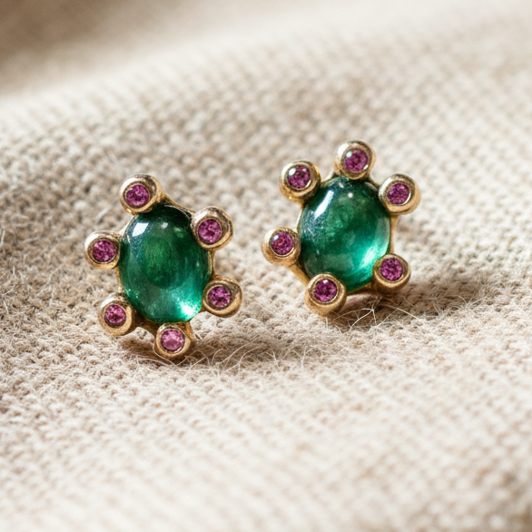 Green-blue Tourmaline & Pink Sapphire Gold Stud Earrings