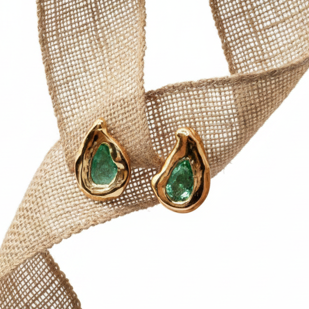 Emerald Teardrop Gold Stud Earrings
