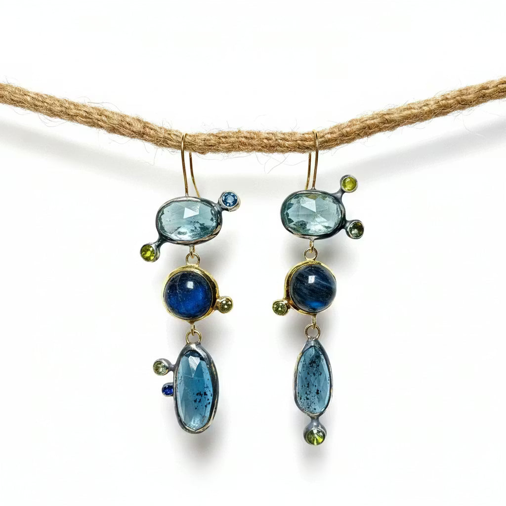 Mismatched Asymmetric Dangle Earrings with Kyanites, Labradorites and Sapphires