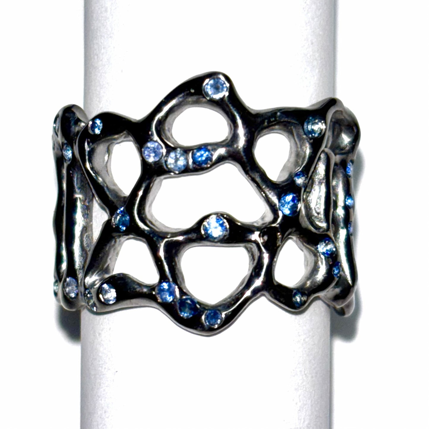 Silver Magen David fine structure ring with diamond accents